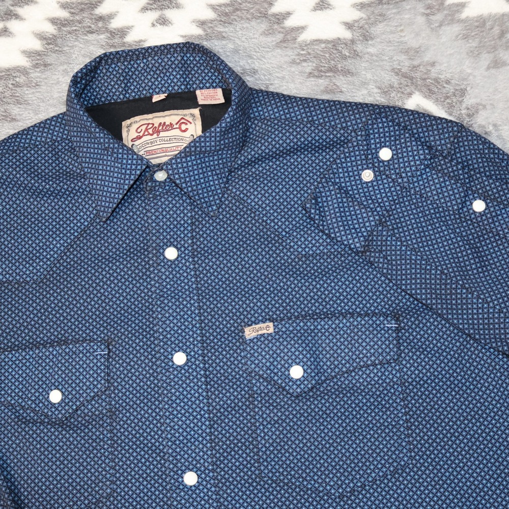 Rafter C Cowboy Collection Mens Blue Geometric Snap Western Shirt L RC20307189